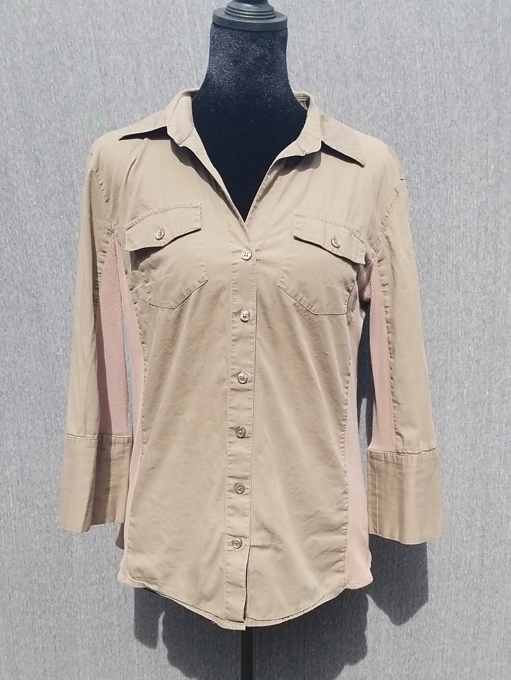 Daisy Fuentes Beige Button-Front Shirt with Pink Panels